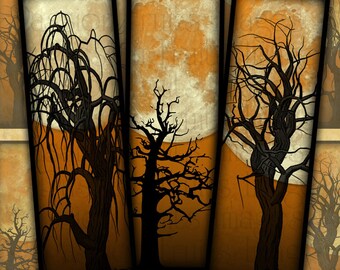 Dead Trees and Full Moons On Sunset Orange Skies-- Halloween Digital Collage Sheet 1x3 Slides-- Instant Download