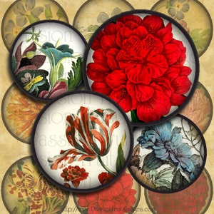 Vintage Flowers 1&quot; Rounds Digital Collage Sheet --instant Download