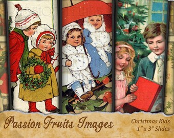 Victorian Christmas dzieci obrazy 1 "x 3" mikroskopu slajdów płytki kolaż arkusz--Instant Download