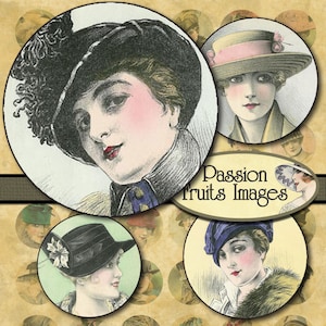 Edwardian Fashion Plates-Women in Antique Hats Digital Collage sheet 1&quot; Circles-- Instant Download