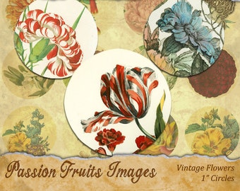 Vintage Flowers 1 inch rounds Digital Collage Sheet-- Instant Download