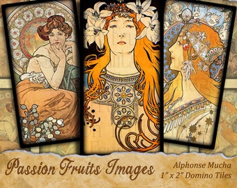 Alphonse Mucha Art Nouveau digital collage sheet 1x2 Domino Tiles--Instant Download