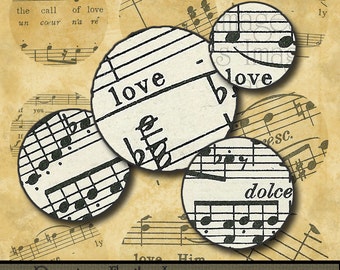 Love Notes 1 inch Circles- Digital Collage Sheet from vintage sheet music Instant Download