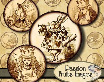 Alice in Wonderland  Sepia Toned 1 inch Bottlecap Circles  Digital Collage Sheet