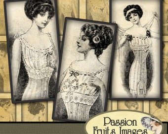 Victorian Ladies in Corsets 1x2 Domino Tiles Digtal Collage Sheet--Instant Download
