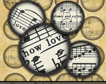 Shaded Love Notes 1 inch circles- Digital Collage Sheet from vintage sheet music-- Instant Download