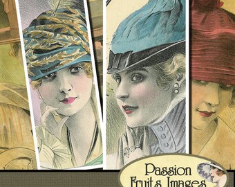 Victorian Ladies in Hats 1x3 slides Digital Collage Sheet--Instant Download