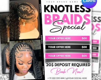 Può includere: Un volantino promozionale per trecce senza nodi. Il volantino presenta due immagini di acconciature intrecciate. Il testo sul volantino recita "Knotless Braids Special" con offerte elencate di seguito. Il volantino include anche il testo "Book Now!"