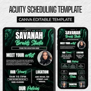 May include: Acuity Scheduling Template for a hair braiding studio, featuring a Canva editable template. The design includes a tablet and phone display with a green and black marble effect, showcasing business information.