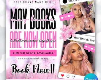 May Booking Flyer Template - Spring Bookings - May Appointment Flyer - Hair Lash Tech Makeup Nail Book Now Flyer , Canva Editable Template