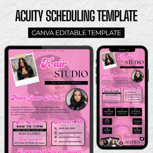 May include: Acuity scheduling template with a pink and black design. The template includes a tablet and a phone displaying a hair studio advertisement. The advertisement includes the text "Hair Studio", contact information, and booking rules.