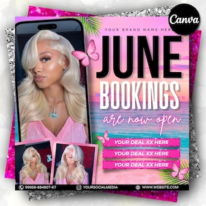 Juni-Buchungen, Juni-Buchungen verfügbar, Sommertermin-Flyer, Frühling-Flyer, Haare, Nägel, Make-up, Wimpern, Frühlings-Buchungsflyer