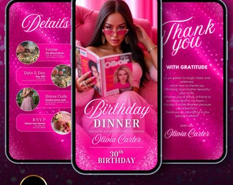 Pink Birthday Dinner Invitation: Glam Party Evite (Digital Download, Editable Canva Template