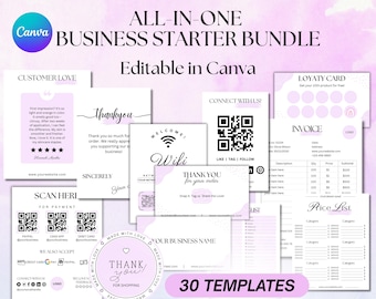 May include: A collection of 30 editable Canva templates for small businesses. The templates include customer love cards, thank you notes, invoices, price lists, and social media templates. The design is primarily white and lavender with a modern aesthetic.