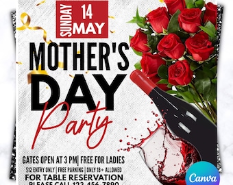 Mother's Day Party Flyer Template, Elegant Roses Wine Event Invitation (Digital Download)