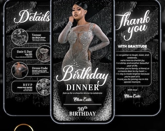 Luxury Silver Birthday Dinner Invitation: Elegant Evite, Canva Template