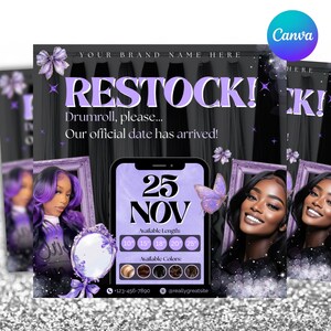 Op de afbeelding: Een promotionele afbeelding met de tekst "RESTOCK!" in grote paarse letters. De afbeelding bevat een telefoongrafiek met de tekst "25 NOV" en opties voor de lengte en kleur van hairextensions. De achtergrond is zwart met paarse accenten en afbeeldingen van vrouwen.