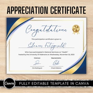 Pode incluir: Um certificado de apreço com o texto "APPRECIATION CERTIFICATE" no topo. O certificado tem uma borda dourada e detalhes em azul e dourado. O texto "Congratulations" está escrito em itálico. O certificado é totalmente editável no Canva.