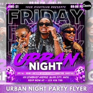 Puede incluir: Un folleto morado y negro que promociona una fiesta "Urban Night". El folleto presenta a tres hombres con gafas de sol, con la palabra "FRIDAY" en letras blancas grandes. El texto incluye "Live DJ", "Neon Lights" y "Signature Cocktails".