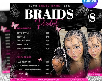 Braids Price List Template, Hair Braider Pricing Menu, Editable Salon Price List Instagram Post, Braiding Business Flyer, Canva Download