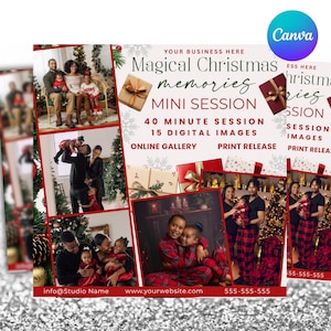 May include: A promotional flyer for a Christmas mini photo session. The flyer features family photos in a festive setting, with text that reads "Magical Christmas Memories Mini Session." It includes details about the session duration, digital images, and print release.