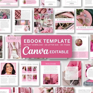 Pode incluir: Um modelo de ebook rosa e branco com o texto "EBOOK TEMPLATE" e "Canva EDITABLE". O modelo inclui páginas com fotos, texto e elementos de design. As páginas apresentam detalhes em rosa e são projetadas para o tamanho US Letter.