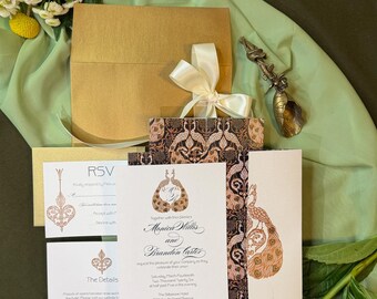 Art Deco Wedding Invite Peacock Wedding Invitation Double Sided Folder Invitation Customized Printed Invitation Gatsby Style Invite Set