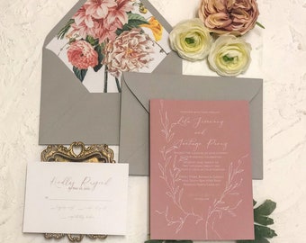 Faire-part de mariage vieux rose faire-part élégant vintage faire-part imprimé à l'encre blanche Papeterie de mariage personnalisable Faire-part de mariage romantique
