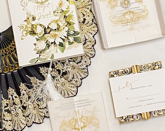 Boxed Wedding Invitation, Vintage Design, Crystal Button