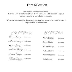 May include: A font selection guide featuring the text Font Selection, followed by instructions for choosing a font. It displays two columns labeled Script font Selection and Block font Selection, each listing six variations of the name Amira Design.