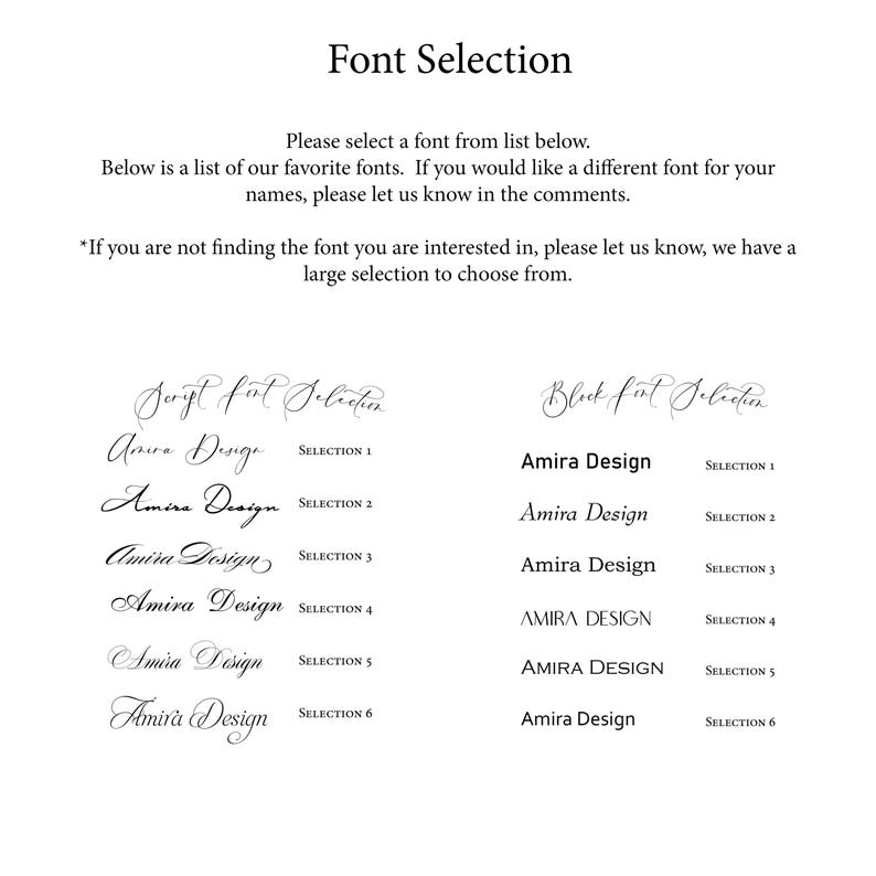 May include: A font selection guide featuring the text Font Selection, followed by instructions for choosing a font. It displays two columns labeled Script font Selection and Block font Selection, each listing six variations of the name Amira Design.