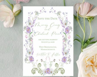 Faire-part de mariage floral nostalgique à retenir dans un jardin