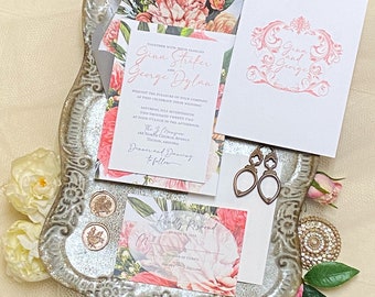 Double Thick Wedding Invitation - Invitation Suite - Vintage Floral Invitation - Pink Floral  Wedding Invite - Gina Wedding Invitation