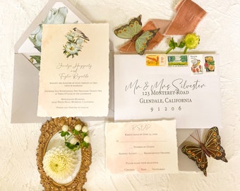 Vintage Magnolia Wedding Invitation Suite – Deckled Edge Stationery