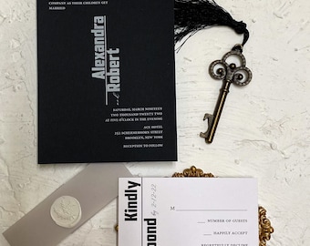 White Ink Wedding Invitation, Black Cardstock, Modern Minimalist