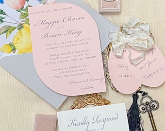Faire-part de mariage rose double arche, papeterie moderne élégante, faire-part rose poudré, ensemble de mariage de luxe calme, faire-part imprimé personnalisé