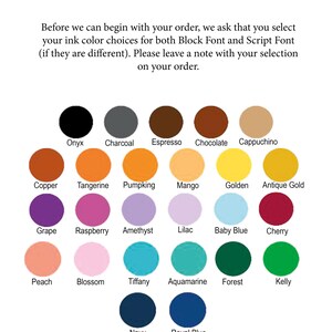 May include: An ink color chart featuring twenty-five circular color swatches with labels including Onyx, Charcoal, Espresso, Chocolate, Cappuchino, Copper, Tangerine, Pumpking, Mango, Golden, Antique Gold, Grape, Raspberry, Amethyst, Lilac, Baby Blue, Cherry, Peach, Blossom, Tiffany, Aquamarine, Forest, Kelly, Navy, and Royal Blue.