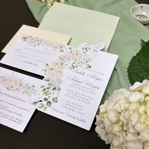 Die cut wedding invitation with florals and doves.  An invitation with coordinating RSVP and Details card.