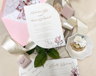 Suite de faire-part de mariage floral, mariage d'hiver, faire-part moderne, double arche, faire-part imprimé personnalisable, mariage de Noël rose