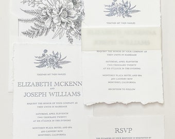 Delicate Floral Wedding Invitation - Floral Etching Wedding Invitation - Minimalist Wedding - Deckle Edge Invite - Wedding Invitation Suite