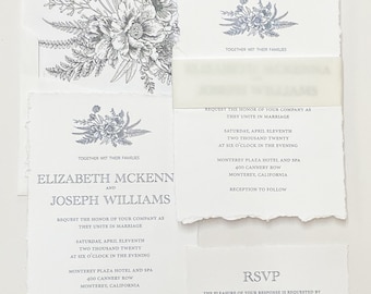 Floral Etching Wedding Invitation – Minimalist Deckle Edge Invite