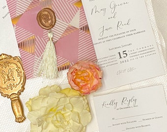 Pink and Gold Abstract Wedding Invitation with Vellum Wrap