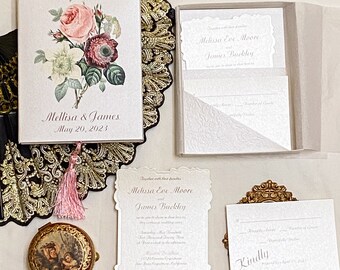 Boxed Wedding Invitation, Vintage Roses Theme, Embossed Pocket