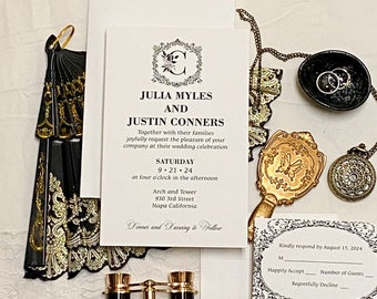 Monogram Wedding Invitation Suite - Black and White, Double Thick