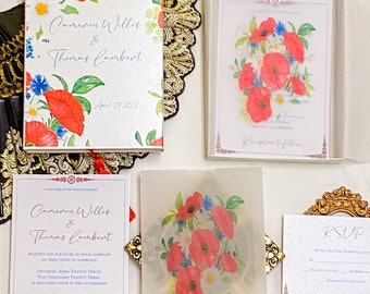 Floral Boxed Wedding Invitation, Red and Blue Flowers, Elegant Couture