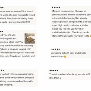 May include: A collection of six five-star customer reviews displayed in a grid format. The text includes positive feedback regarding custom invitations, high-quality materials, and professional service, with one review featuring a small thumbnail image.