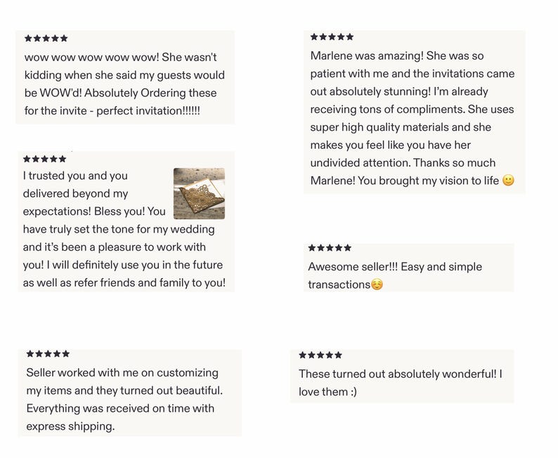 May include: A collection of six five-star customer reviews displayed in a grid format. The text includes positive feedback regarding custom invitations, high-quality materials, and professional service, with one review featuring a small thumbnail image.
