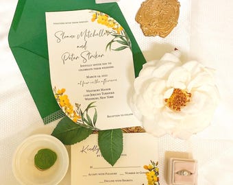 Faire-part de mariage floral vintage Ensemble de faire-part de fleurs jaunes Faire-part double arche vert Faire-part imprimé personnalisable