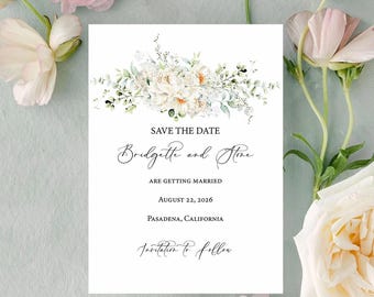 Faire-part de jardin romantique à fleurs blanches albâtre, réservez une date, élégant ensemble de faire-part de mariage imprimé floral personnalisé