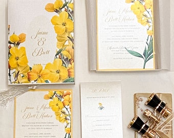 Boxed Wedding Invitation, Vintage Yellow Flowers, Couture Elegant Invite